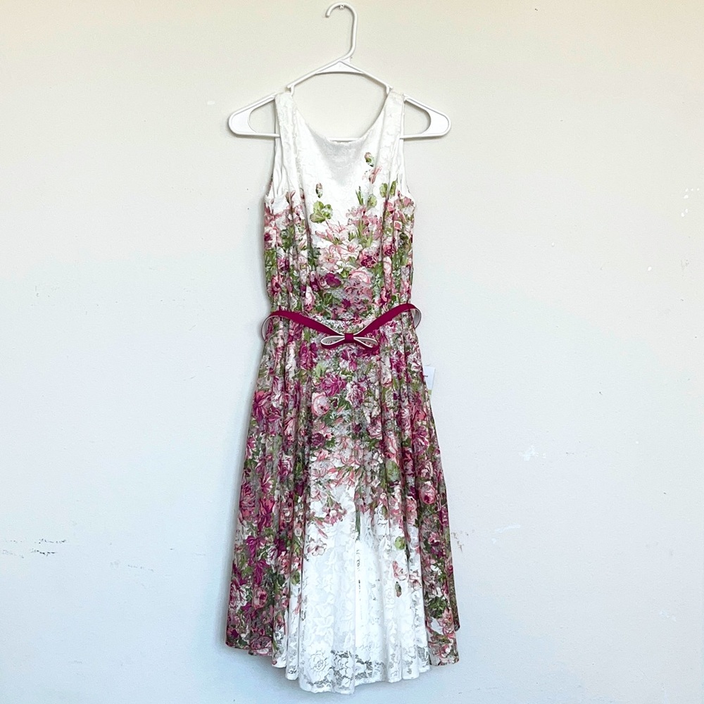 Danny and Nicole’s White and Pink Floral Dress with Green and Purple Accents